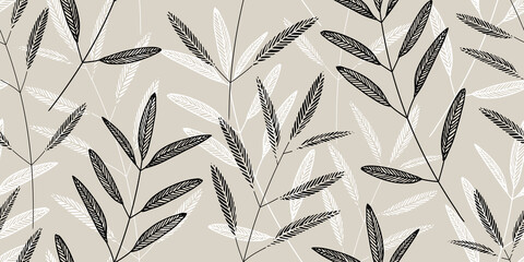 Wall Mural - Black and white branches with leaves on a gray background. Seamless natural vector pattern. Repeating plants isolated on a neutral background. Monochrome simple print.