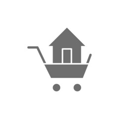 Sticker - Trolley with house, sale of buildings grey icon.