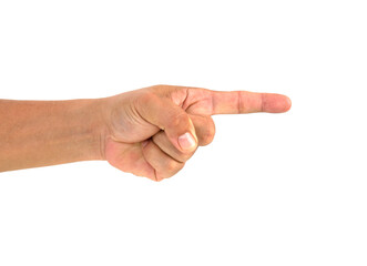 Closeup of male hand pointing. Isolated on white background