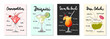© AkimD - Set of 4 advertising recipe lists with alcoholic drinks, cocktails and beverages lettering posters, wall decoration, prints, menu design. Hand drawn typography with sketches. Handwritten calligraphy.