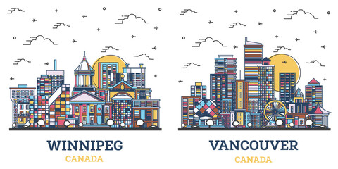 Fototapete - Outline Vancouver and Winnipeg Canada City Skyline Set.