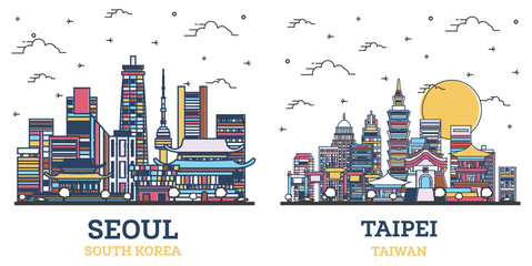 Fototapete - Outline Taipei Taiwan and Seoul South Korea City Skyline Set.