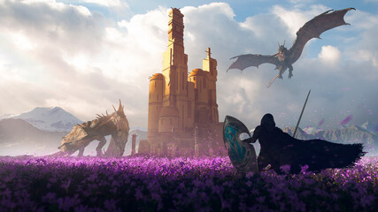 epic hero elf knight in a purple flowers field fight with two big dragons in defense of a tower cast