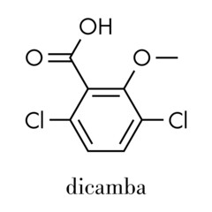 Sticker - Dicamba herbicide molecule. Used in weed control. Skeletal formula.