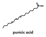 Fototapeta Paryż - Punicic acid (trichosanic acid) molecule. Fatty acid present in pomegranate (Punica granatum). Skeletal formula.