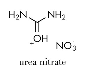 Wall Mural - Urea nitrate high explosive molecule. Prepared by reacting urea with nitric acid and commonly used in improvised explosive devices (IEDs). Skeletal formula.