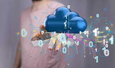 Data cloud storage network from lines, triangles and particle style design.
