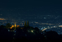 Landscape Of Wat Doi Suthep Temple At Night Aerial View , Chiang Mai, Thailand