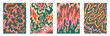 set vintage interior posters in hippie style.70s and 60s funky and groove postcards.Psychedelic cold palette patterns with waves, brush, paint stains.Tie dye abstract shapes for background
