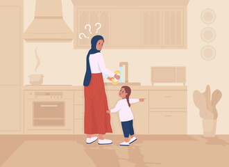 Wall Mural - Daugther distracts mother flat color vector illustration. Parent busy washing dishes. Toddler demands attention from parent. Family 2D cartoon characters with kitchen interior on background