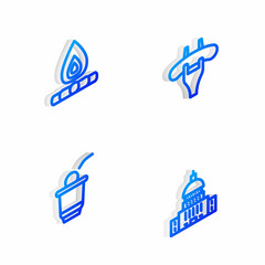 Sticker - Set Isometric line Sausage on the fork, Campfire, Beer pong game and White House icon. Vector