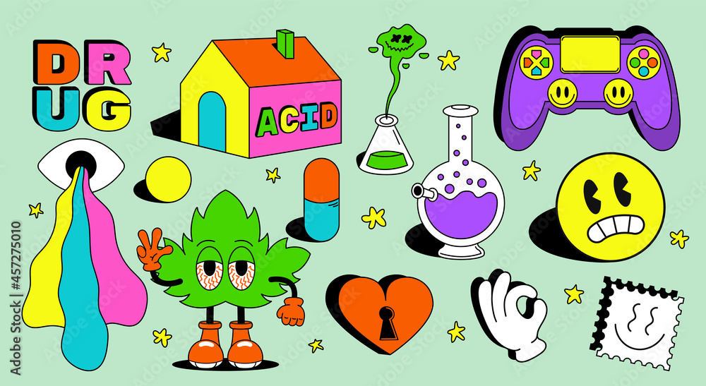 Acid abstract characters and objects. In cartoon style, set of colored ...