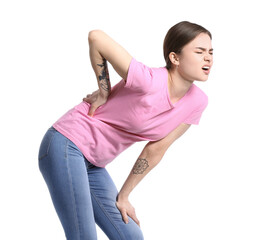 Sticker - Young woman suffering from back pain, isolated on white