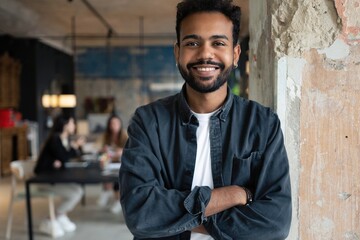 Wall Mural - Portrait of mixed-race young man standing in office with colleagues meeting in background