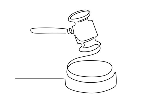 Continuous line drawing of hammer judge on Black and white background. Democracy day one line concept. A judge hammer is drawn by a single line.