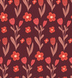 Seamless pattern with simple flowers with folk decorations on burgundy background. Naive texture with tulips and red flowers with tribal pattern. Vector naive natural wallpaper with floral ornaments