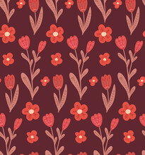 Seamless Pattern With Simple Flowers With Folk Decorations On Burgundy Background. Naive Texture With Tulips And Red Flowers With Tribal Pattern. Vector Naive Natural Wallpaper With Floral Ornaments