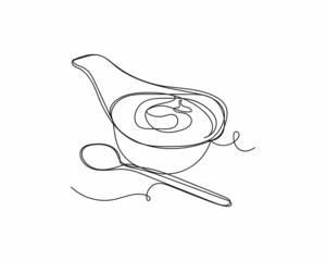 Wall Mural - Continuous one line drawing of hollandaise sauce with spoon icon in silhouette on a white background. Linear stylized.