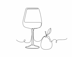 Wall Mural - Continuous one line drawing of wine with fruit pear icon in silhouette on a white background. Linear stylized.