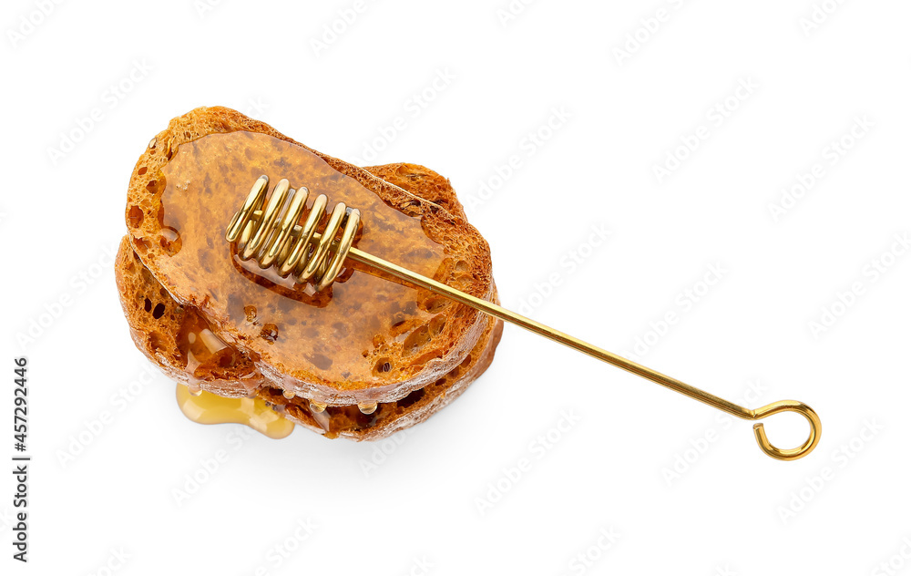 Delicious toasted bread with honey on white background