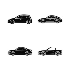 Poster - Practical sports cars black glyph icons set on white space. Hatchback model. Sports sedan. Coupe automobile. Cabriolet with retractable roof. Silhouette symbols. Vector isolated illustration