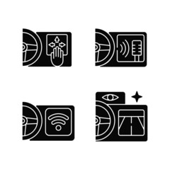 Sticker - Advanced car technologies black glyph icons set on white space. Gesture control. Digital voice assistance. Built in wifi hotspot. Night vision. Silhouette symbols. Vector isolated illustration