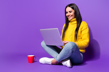 Sticker - Full length photo of charming cheerful girl hold use laptop toothy smile watch video isolated on violet color background