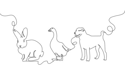 Wall Mural - Domestic animals one line set. Continuous line drawing of goose, dog, rabbit, hare.