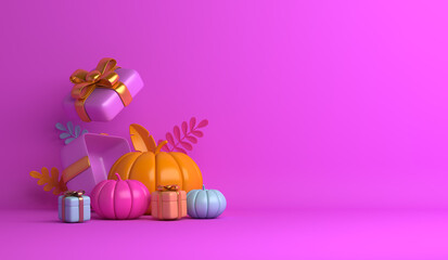 Wall Mural - Happy Halloween with cartoon pumpkin, gift box on purple background, copy space text, 3D rendering illustration.