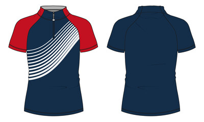 Two tone navy, red color cycling jersey with short zip Vector Illustration template front and back view. Easy edit and customizable. Technical sketch mandarin Stand Up Collar Soccer mock up CAD.