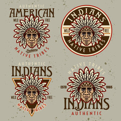 Wall Mural - Native american indians set of four vector vintage emblems, labels, badges or logos with chief head in colorfil cartoon style on light background with removable grunge textures