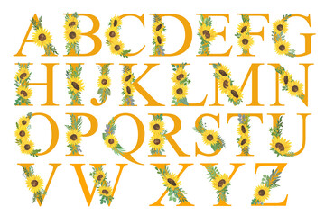 ABC, Letters of alphabet decorated with sunflowers and leaves, floral monogram watercolor illustration in simple hand painted style, decorative lettering