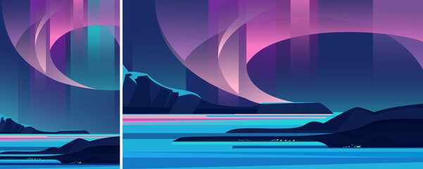 Wall Mural - beautiful aurora borealis. landscape with natural light show in different formats.