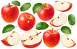 Big red apples set isolated on white background. Whole and pieces. Package design elements with clipping path