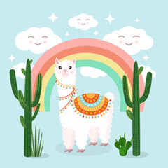 Festive llama or alpaca against the backdrop of a landscape with a rainbow, cheerful clouds and cacti. Vector illustration for greeting card, poster, texture, textile, decor. Cartoon character.