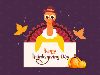 Wall Mural - Cartoon Turkey Bird Showing Message Paper Of Happy Thanksgiving Day And Pumpkins On Purple Background.