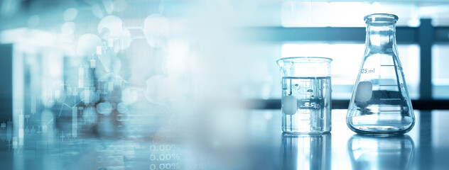 Wall Mural - flask and beaker in medical health science line of technology banner background