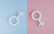 © Dilok - White sign of man on blue background and woman sign on pink background for equal business human right and gender concept by 3d rendering.