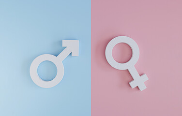 White sign of man on blue background and woman sign on pink background for equal business human right and gender concept by 3d rendering.