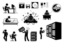 Modern History Information Age, Multimedia Age, And Social Age. Vector Illustrations Depict Old Diskette, Transistor, People Using Computer, Surfing Internet, Data Center Server, And Information Data.