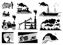Modern History Industrial Age Or Industrial Revolution Technology Development. Vector Illustrations Of Steam Engine, Coal Mining, Power Loom Machine, Radio Broadcasting, And Factory Smoke.