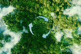 Fototapeta  - Abstract icon representing the ecological call to recycle and reuse in the form of a pond with a recycling symbol in the middle of a beautiful untouched jungle. 3d rendering.