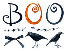 Watercolor Clip Art For Halloween Decor: Letters, Bow, Black Crows, Branches