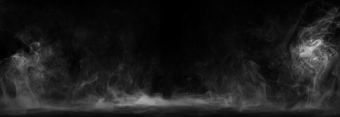 panoramic view of the abstract fog. white cloudiness, mist or smog moves on black background. beauti