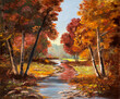 Vintage painting depicting an autumn colored trees and creek in nature. Traditional landscape painting.