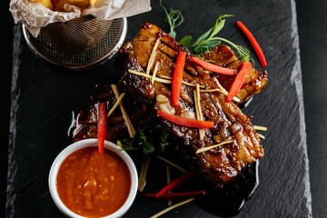 Wall Mural - meat and vegetables on a plate. menu. top view