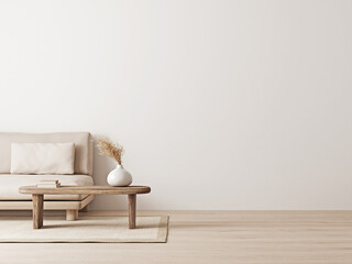 living room interior mockup in wabi-sabi style with low sofa, jute rug and dried grass decoration on
