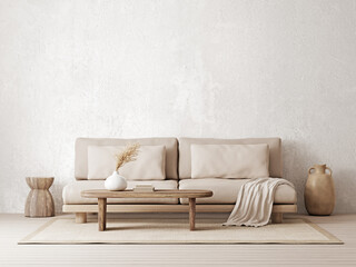 Poster - Warm neutral wabi-sabi style interior mockup with low sofa, jute rug, ceramic jug, side table and dried grass decoration on empty concrete wall background. 3d rendering, illustration.