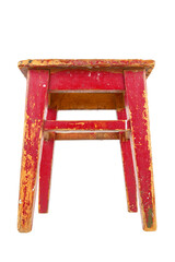 Wall Mural - Old wooden stool with peeling red paint. Loft style chair isolated on a white background.