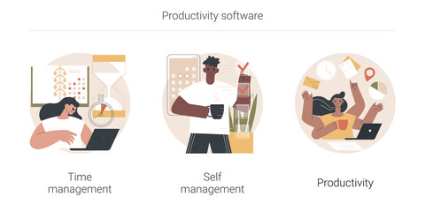 Productivity software abstract concept vector illustration set. Time management, self management, productivity at work, project schedule, employee performance, effective planning abstract metaphor.